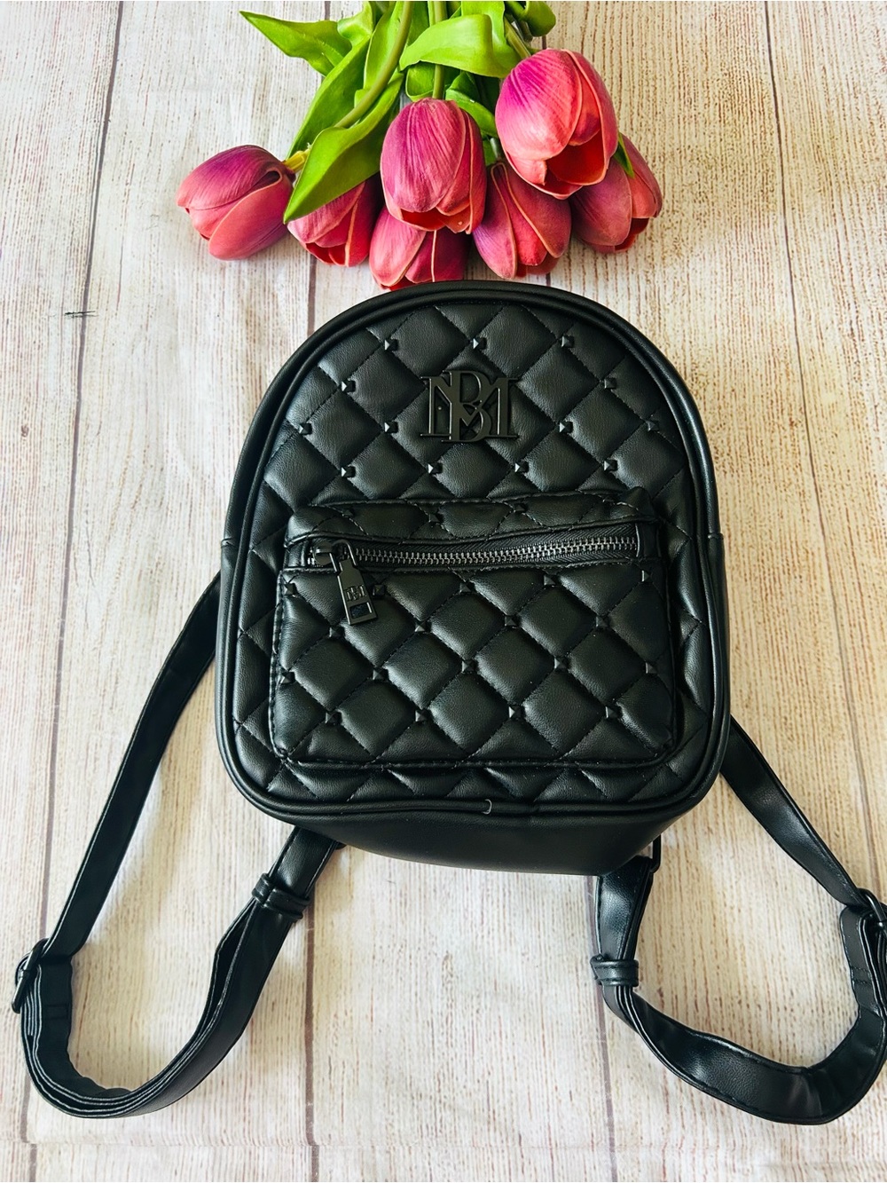 Badgley Mischka Black Vegan Leather Logo Studded Quilted Mini Backpack NWT